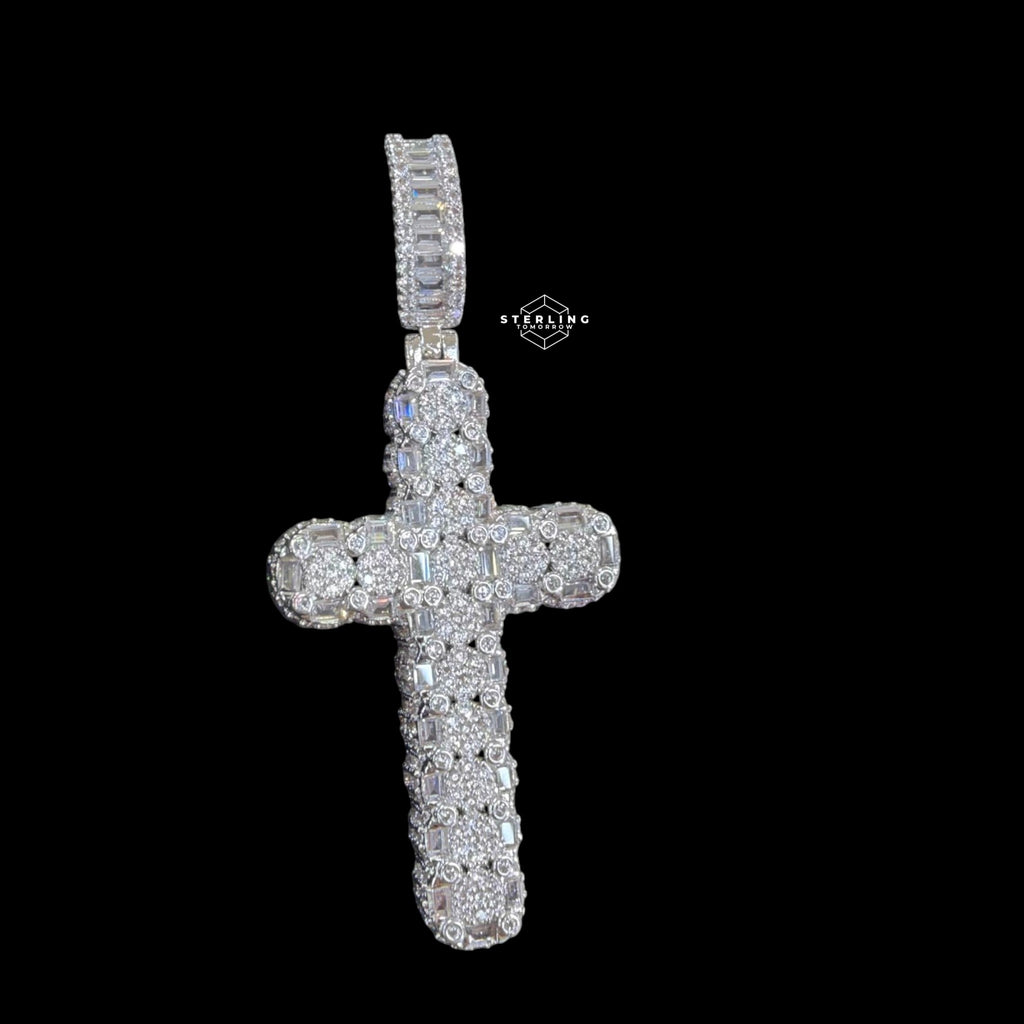 Iced Out Sides Cross Pendant 14k White Gold Finish