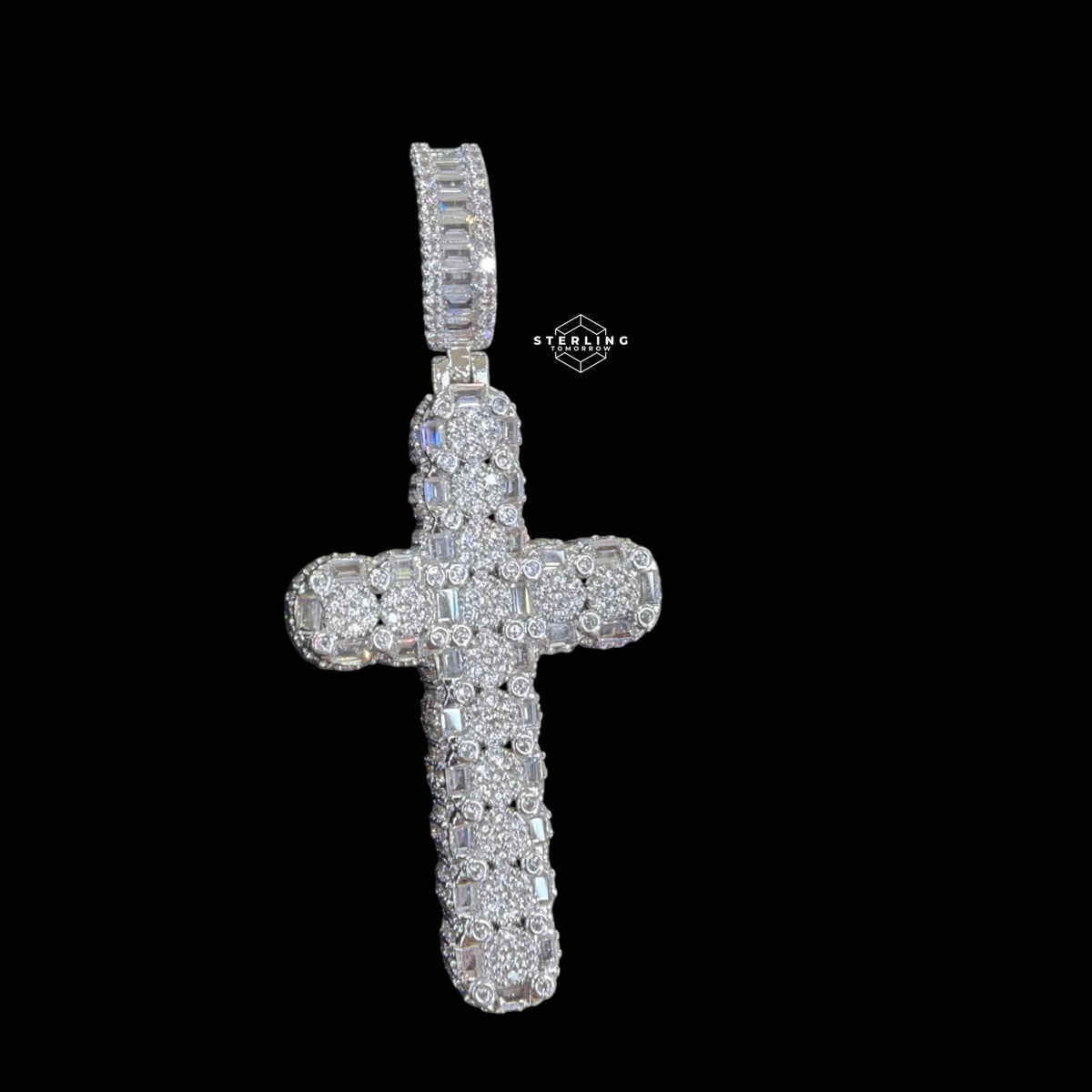 Iced Out Sides Cross Pendant 14k White Gold Finish