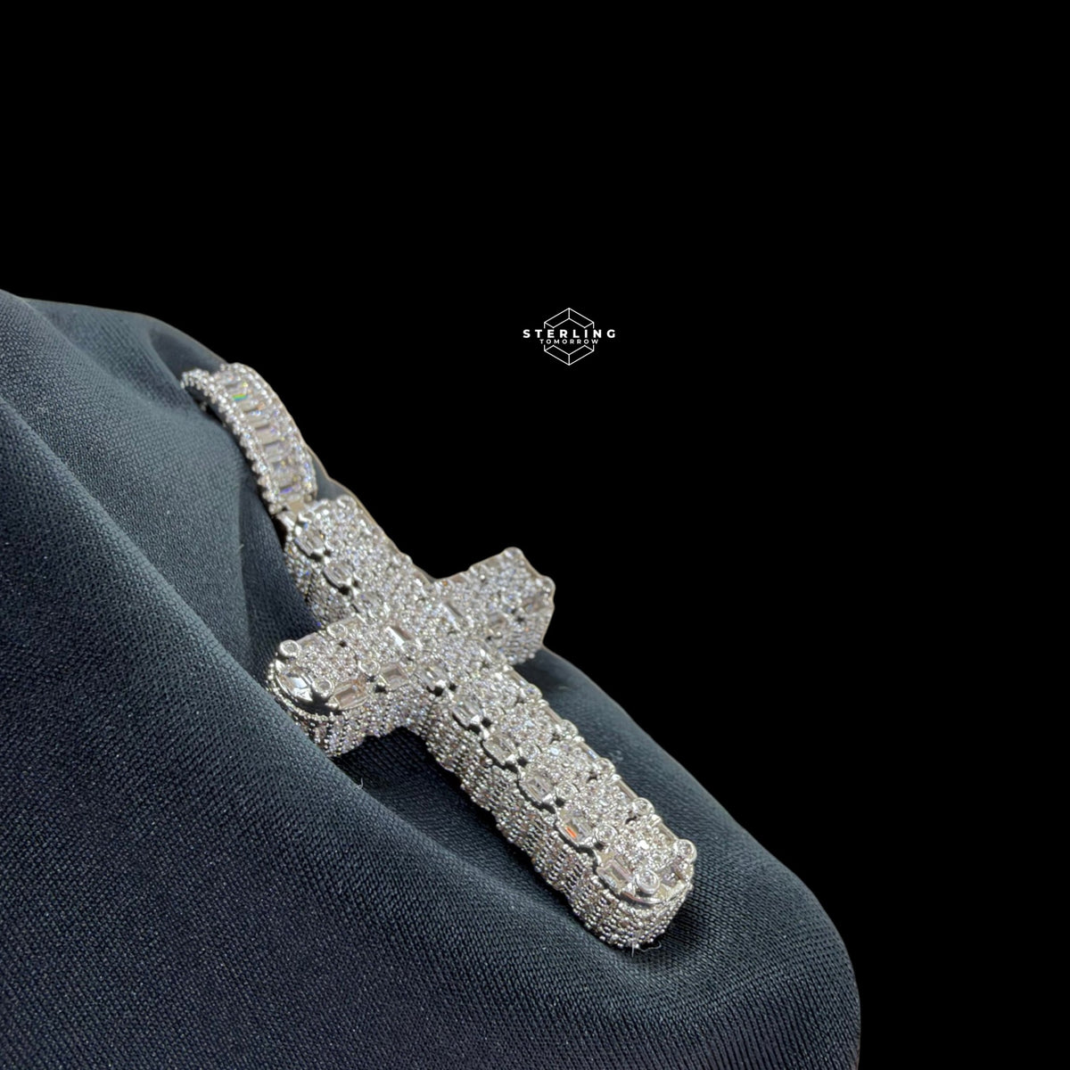Iced Out Sides Cross Pendant 14k White Gold Finish