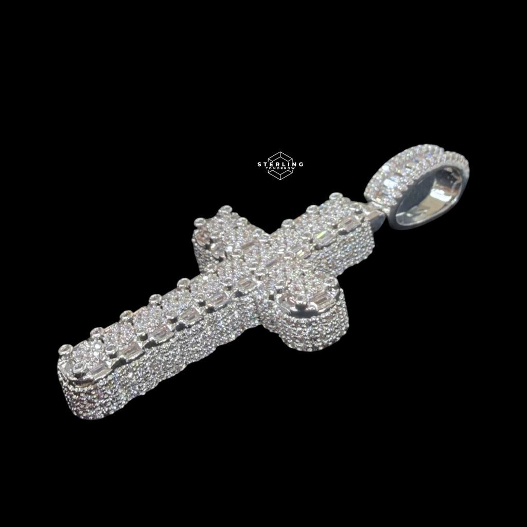 Iced Out Sides Cross Pendant 14k White Gold Finish