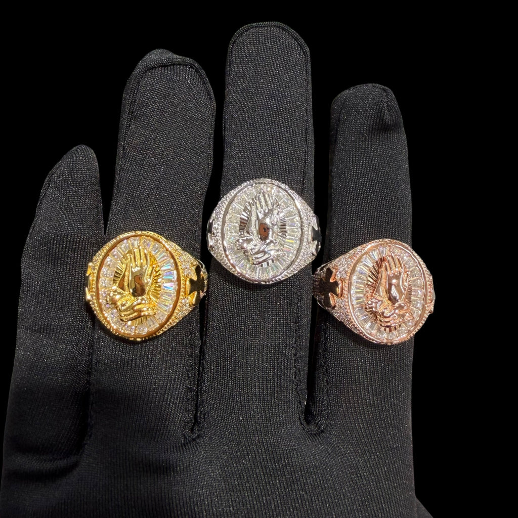 Moissanite Baguette Prayer Hands Cross Ring, Men's 925 Silver Iced Out Hip Hop Ring, Gold Rose Silver
