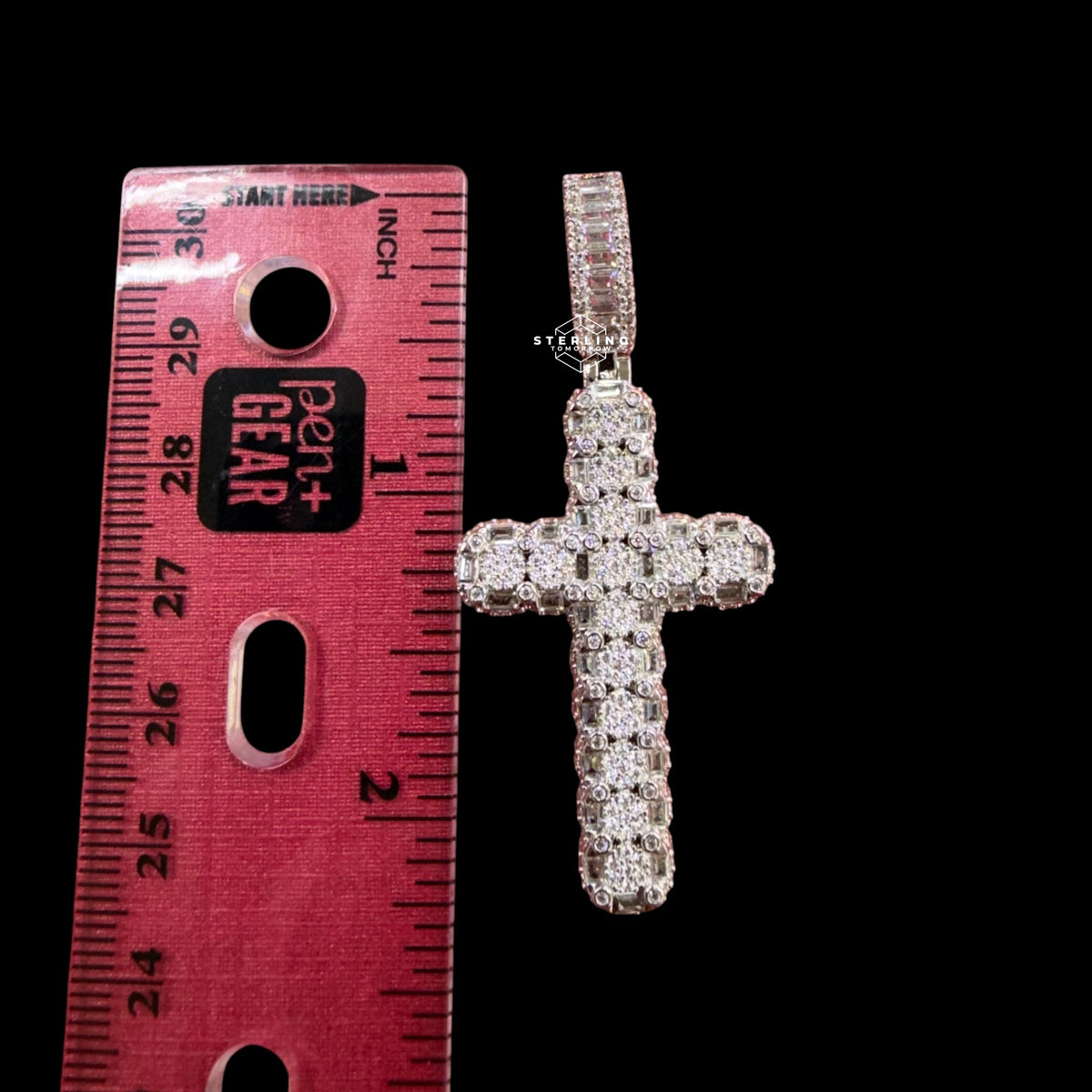Iced Out Sides Cross Pendant 14k White Gold Finish