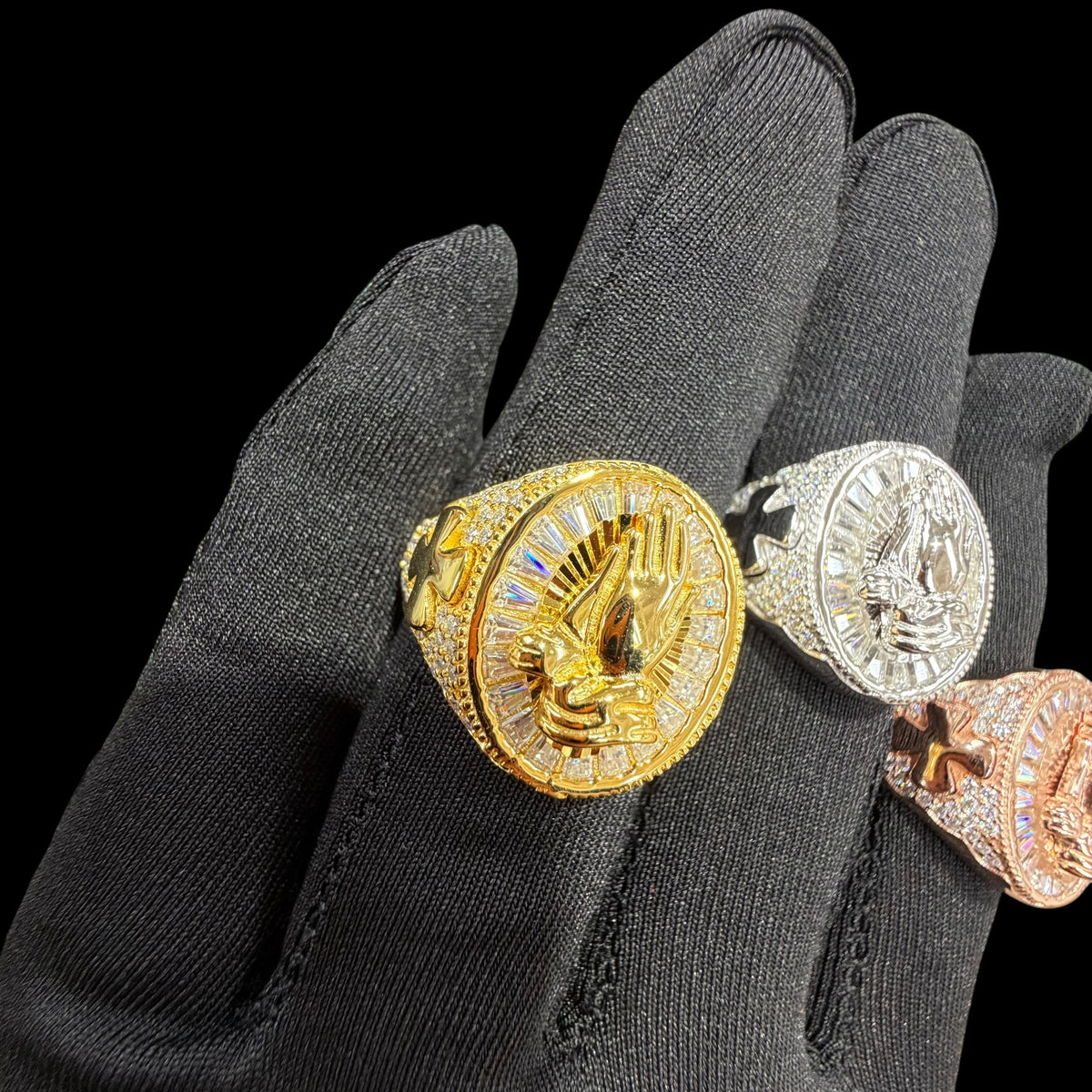 Moissanite Baguette Prayer Hands Cross Ring, Men's 925 Silver Iced Out Hip Hop Ring, Gold Rose Silver