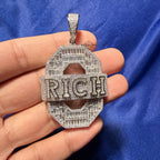 Iced Out RICH Letter Pendant | 14K White Gold Plated Baguette CZ Money Pendant Hip Hop Necklace with Free Rope Chain