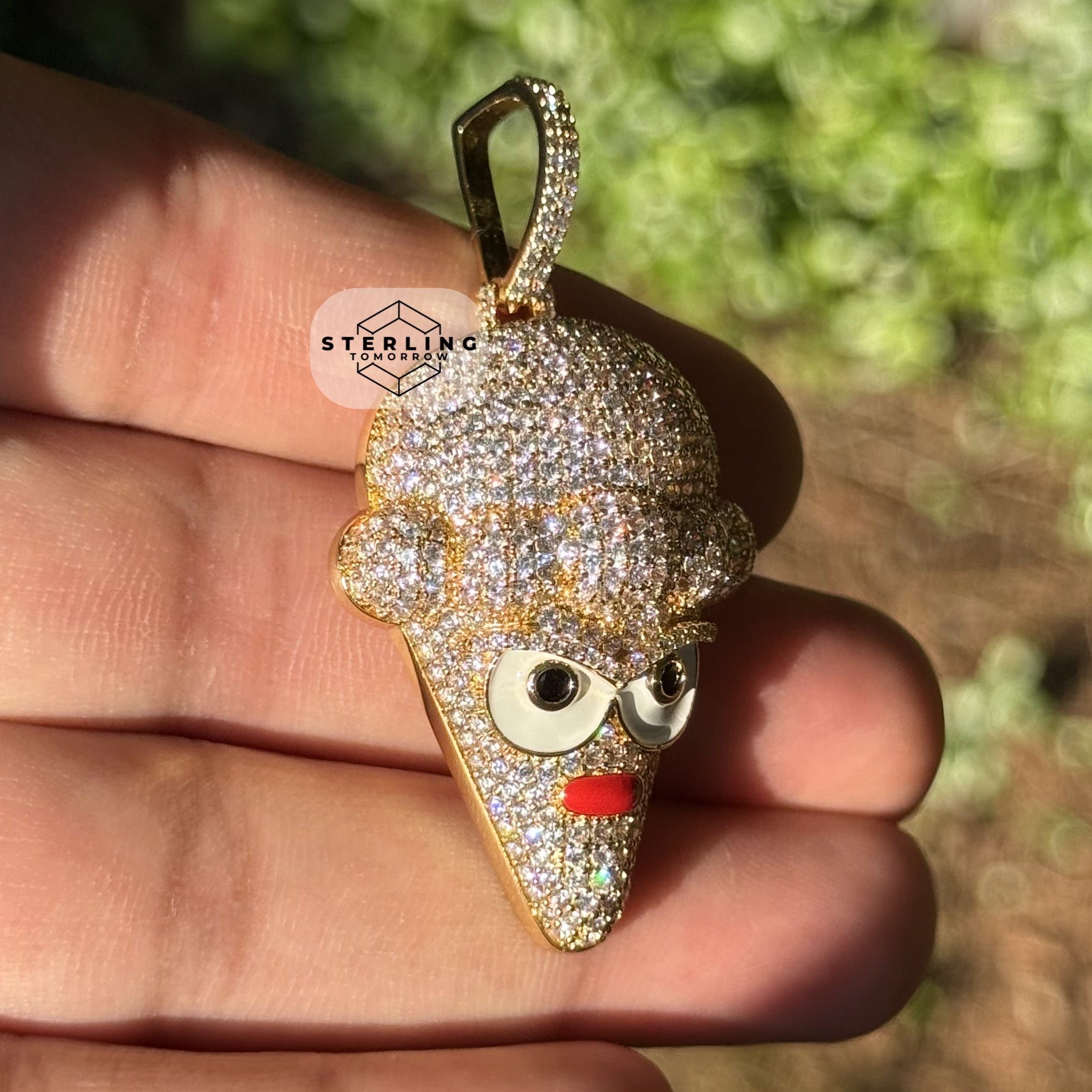 Ice Cream Cone Enamel Gold Tone Pendant