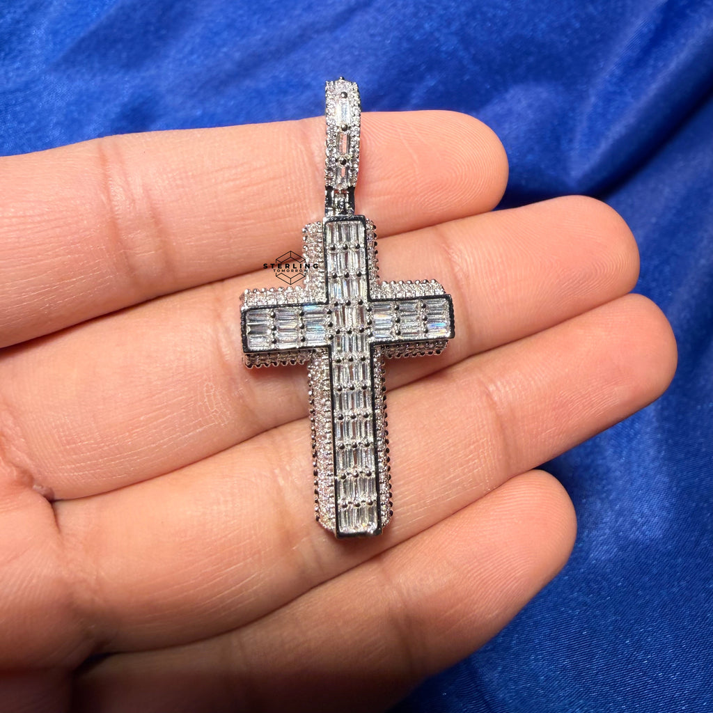 3D Cross 14k White Gold Plated Iced CZ Pendant + Steel Rope Chain