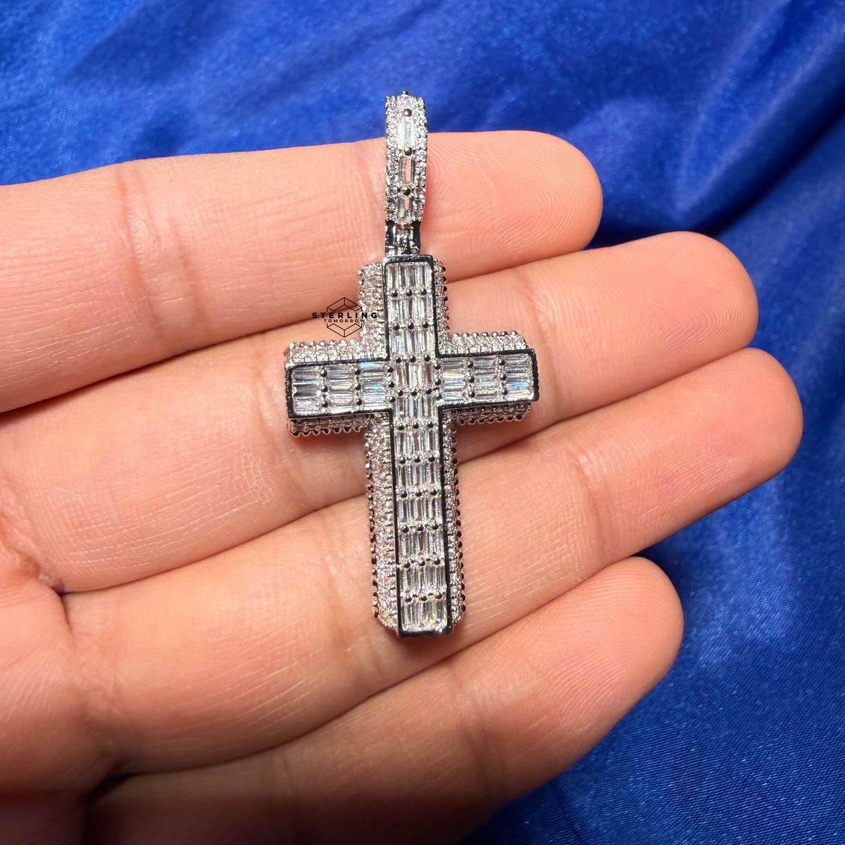 3D Cross 14k White Gold Plated Iced CZ Pendant + Steel Rope Chain