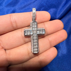 3D Cross 14k White Gold Plated Iced CZ Pendant + Steel Rope Chain