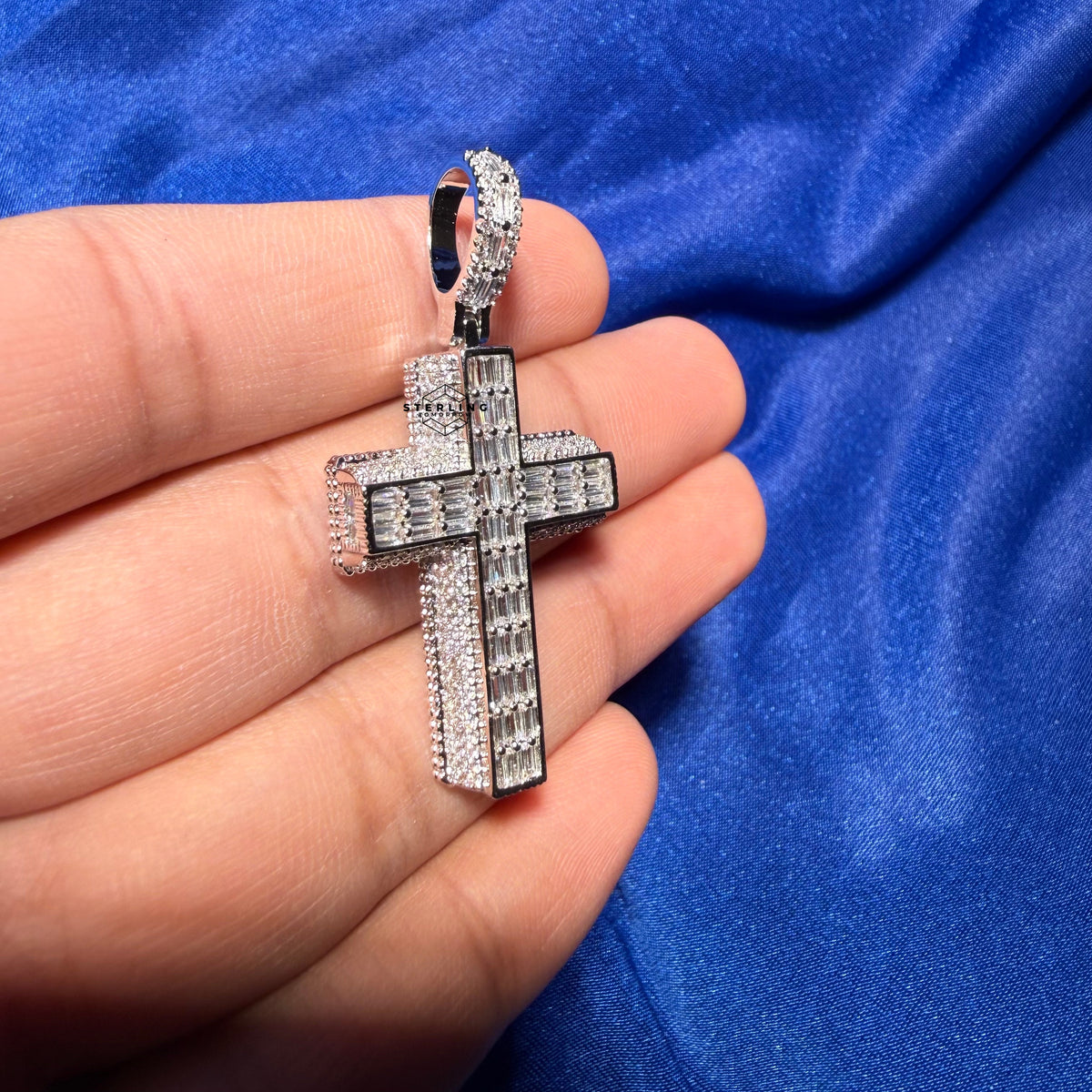 3D Cross 14k White Gold Plated Iced CZ Pendant + Steel Rope Chain