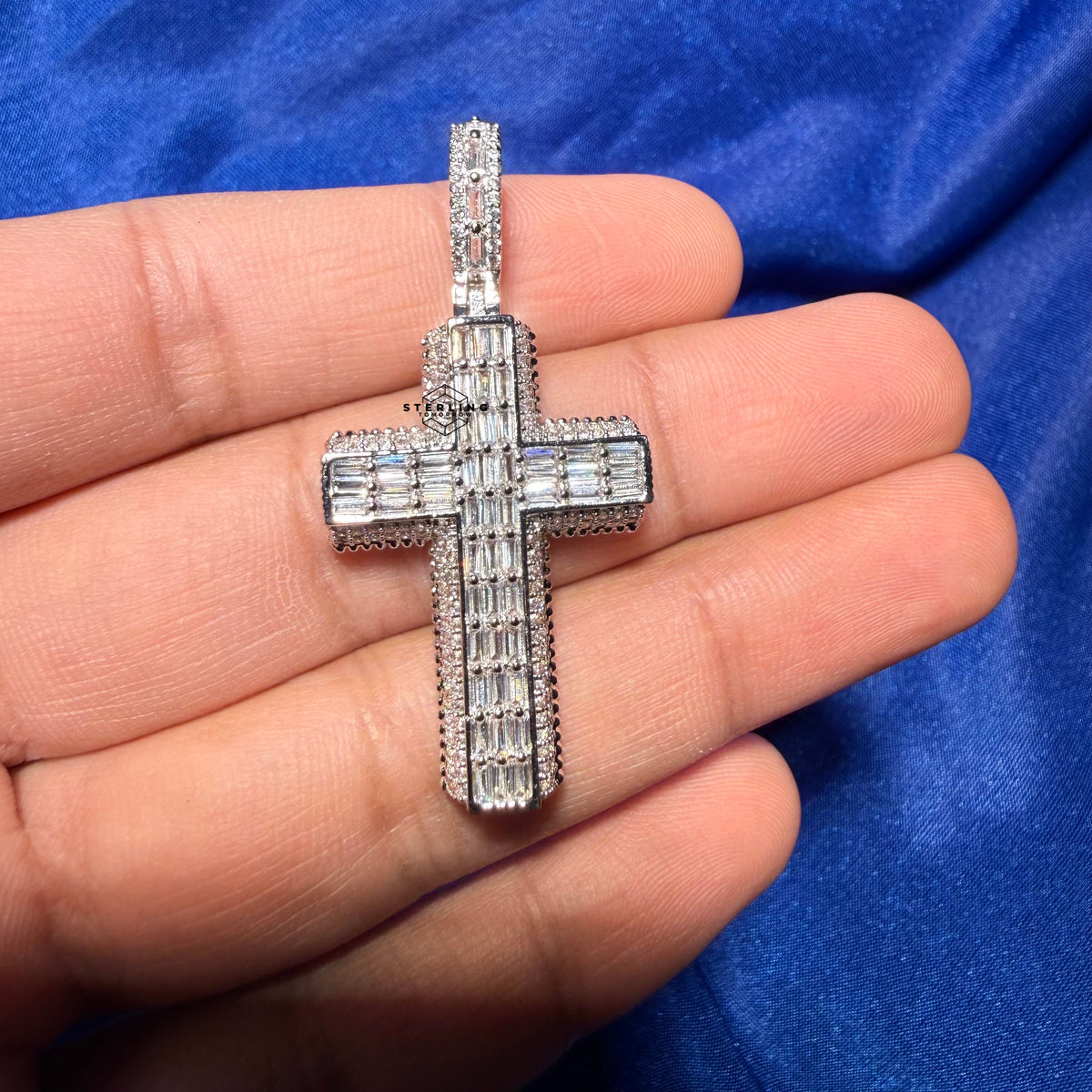 3D Cross 14k White Gold Plated Iced CZ Pendant + Steel Rope Chain