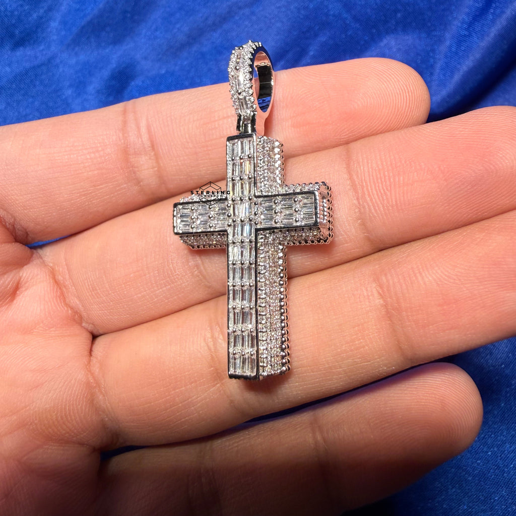 3D Cross 14k White Gold Plated Iced CZ Pendant + Steel Rope Chain