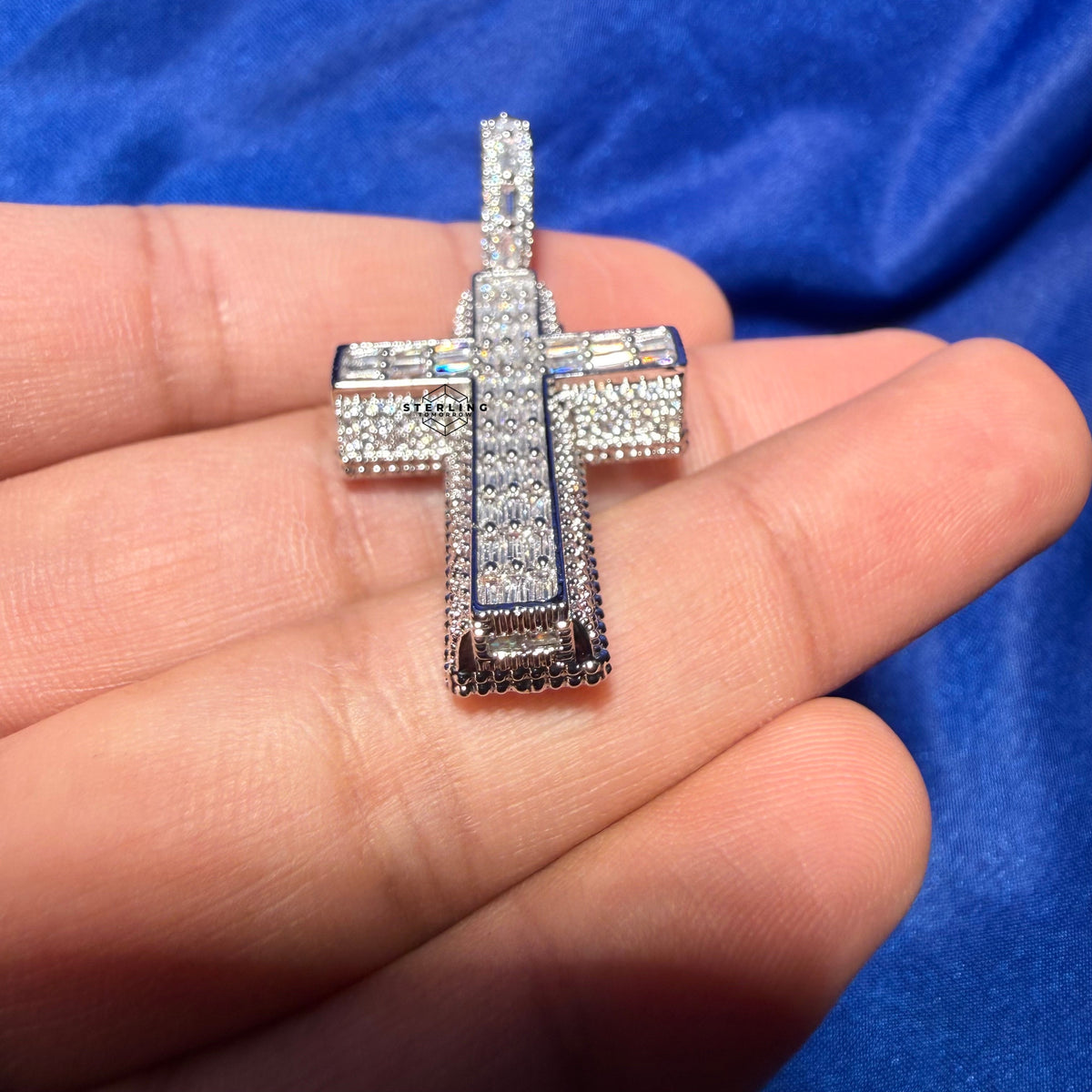 3D Cross 14k White Gold Plated Iced CZ Pendant + Steel Rope Chain