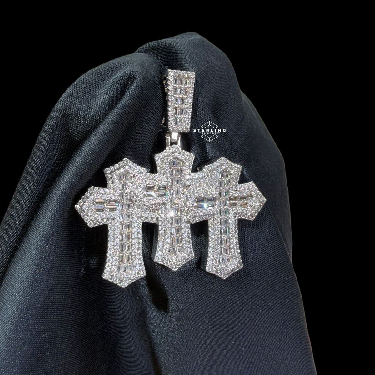 Triple Cross Baguette Pendant 14k White Gold Finish