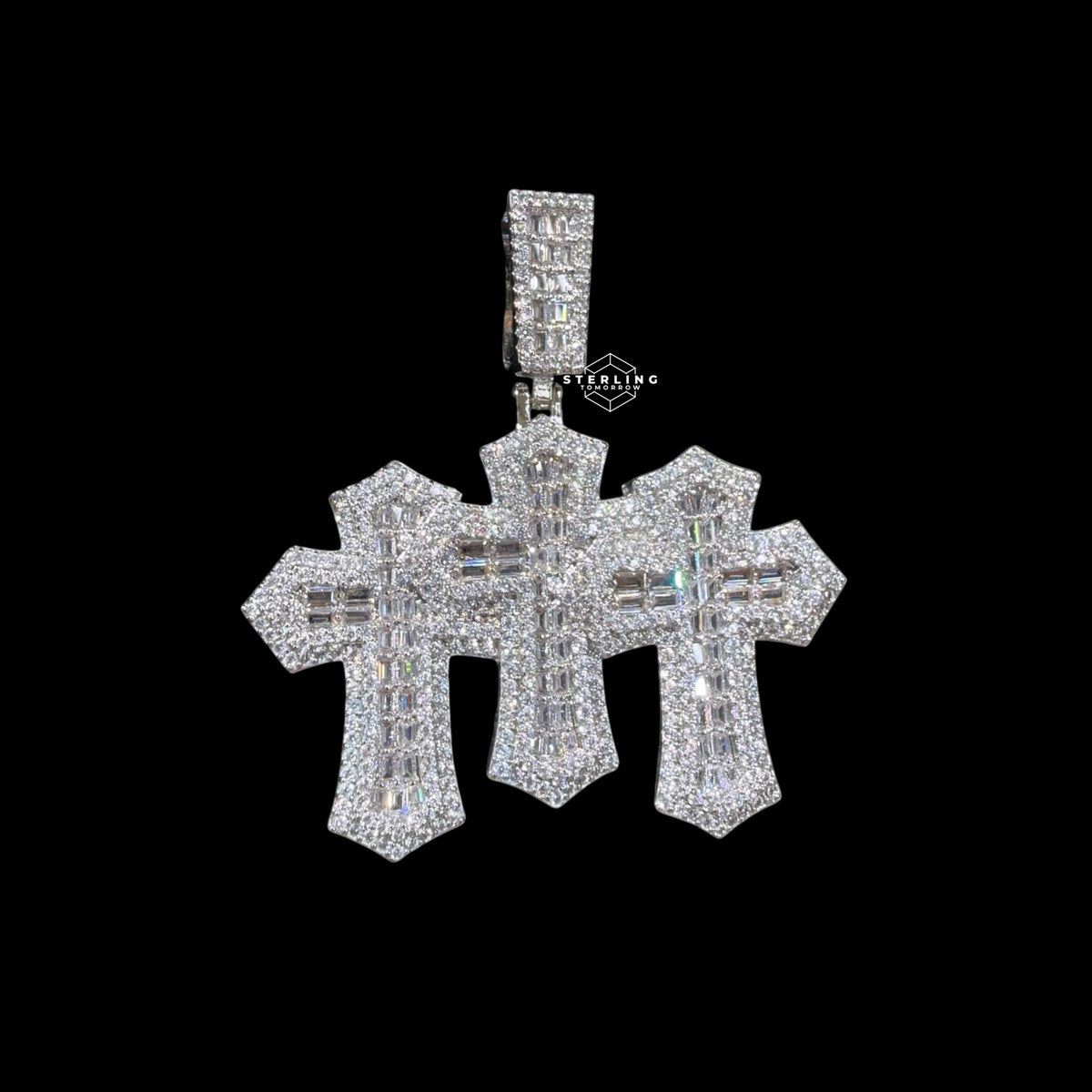 Triple Cross Baguette Pendant 14k White Gold Finish