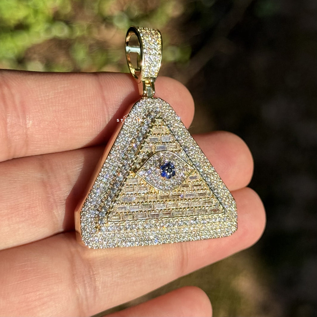 Evil Eye Pyramid Pendant Necklace | Iced Out CZ Triangle Pendant | 14K Gold Plated Hip Hop Jewelry | Protection Jewelry Gift