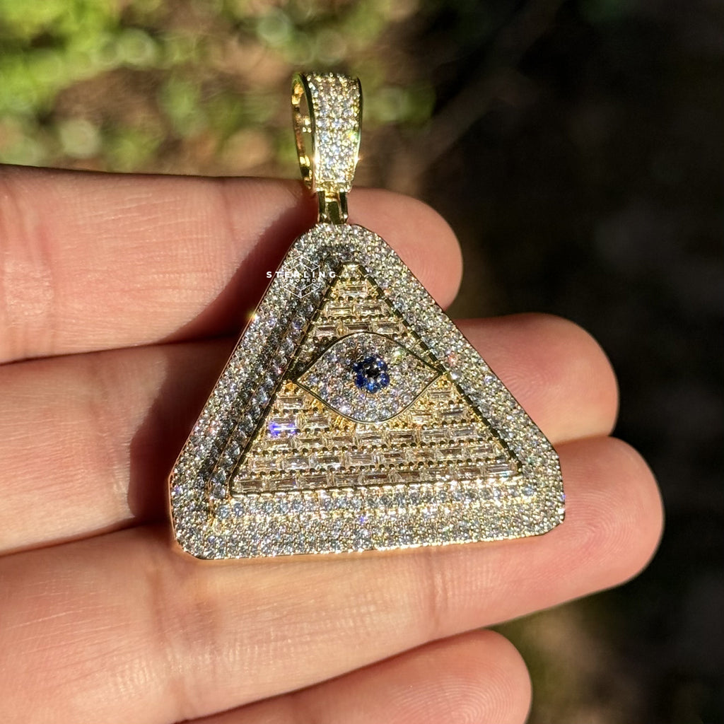 Evil Eye Pyramid Pendant Necklace | Iced Out CZ Triangle Pendant | 14K Gold Plated Hip Hop Jewelry | Protection Jewelry Gift