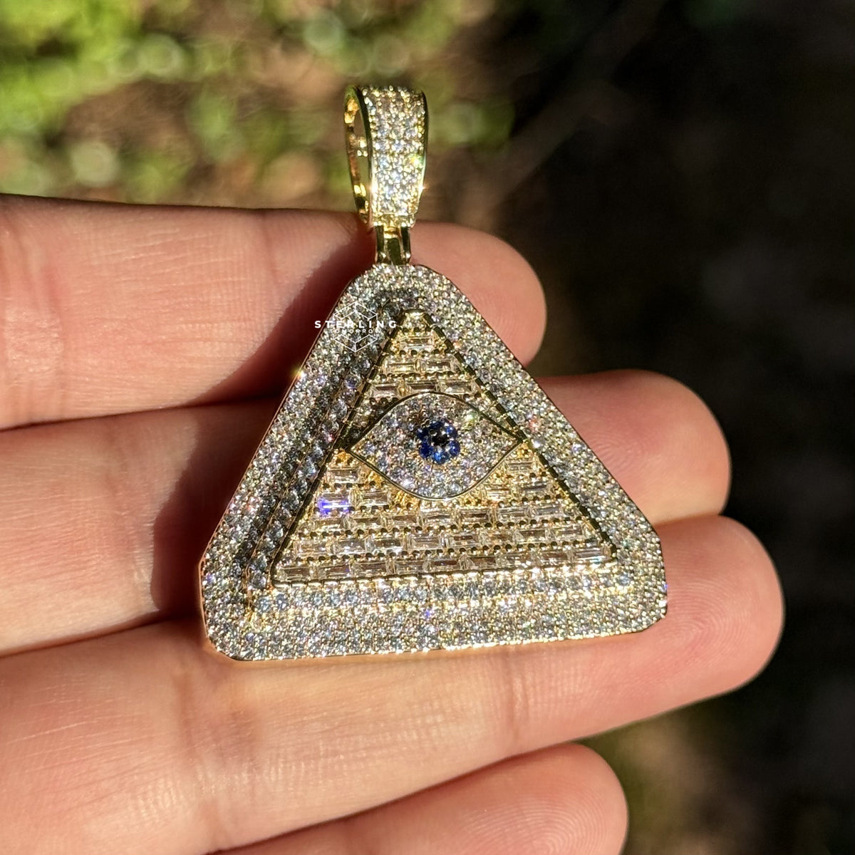 Evil Eye Pyramid Pendant Necklace | Iced Out CZ Triangle Pendant | 14K Gold Plated Hip Hop Jewelry | Protection Jewelry Gift