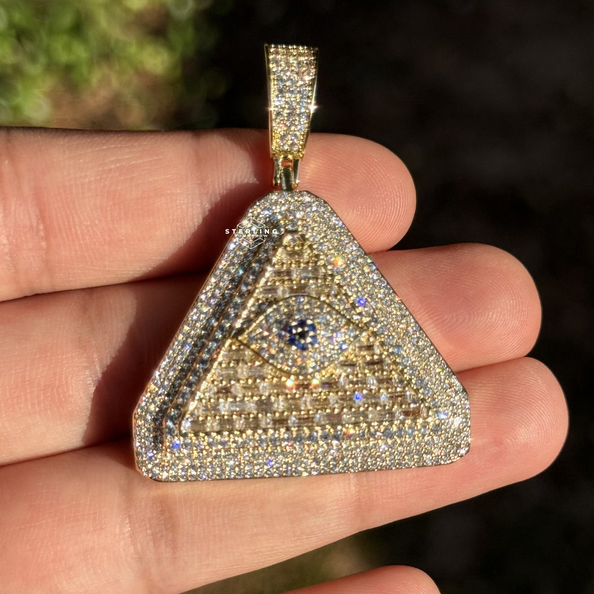 Evil Eye Pyramid Pendant Necklace | Iced Out CZ Triangle Pendant | 14K Gold Plated Hip Hop Jewelry | Protection Jewelry Gift