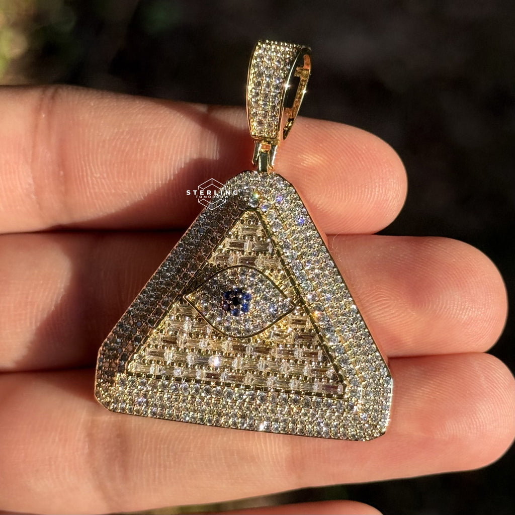 Evil Eye Pyramid Pendant Necklace | Iced Out CZ Triangle Pendant | 14K Gold Plated Hip Hop Jewelry | Protection Jewelry Gift