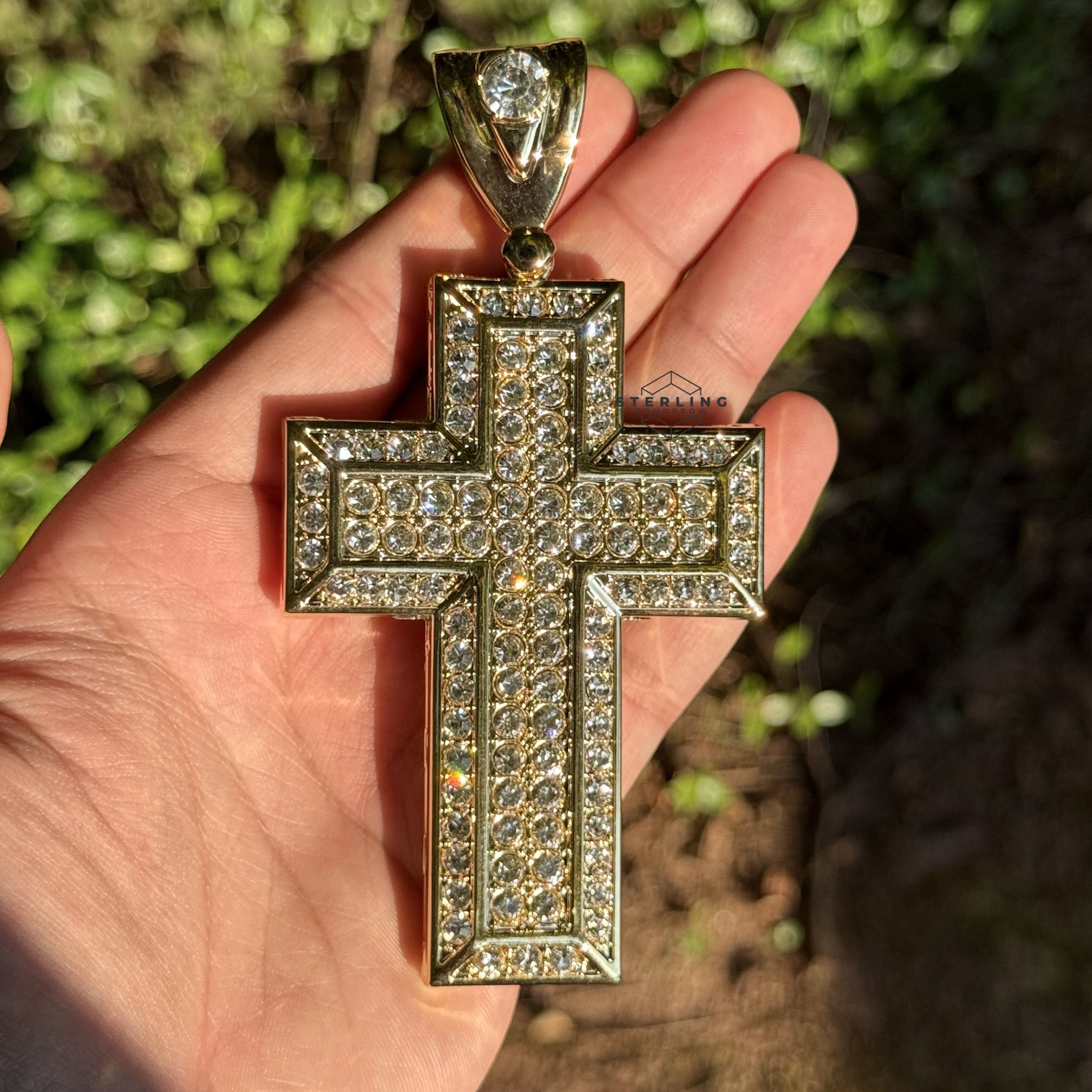 Square Large Iced Out Gold Tone Cross Pendant