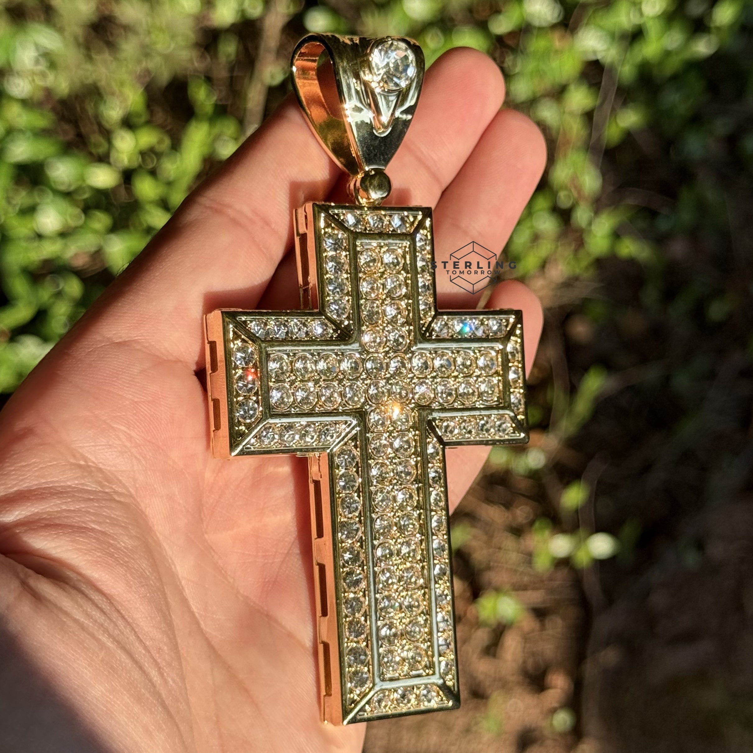 Square Large Iced Out Gold Tone Cross Pendant