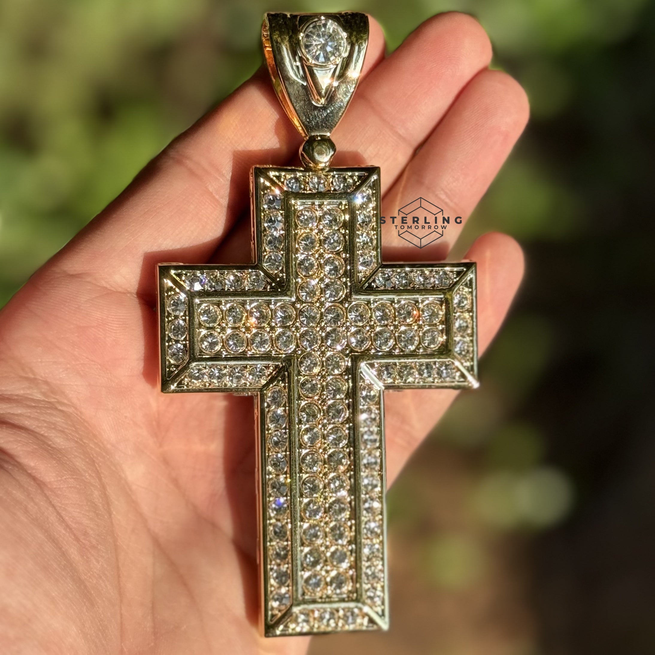 Square Large Iced Out Gold Tone Cross Pendant