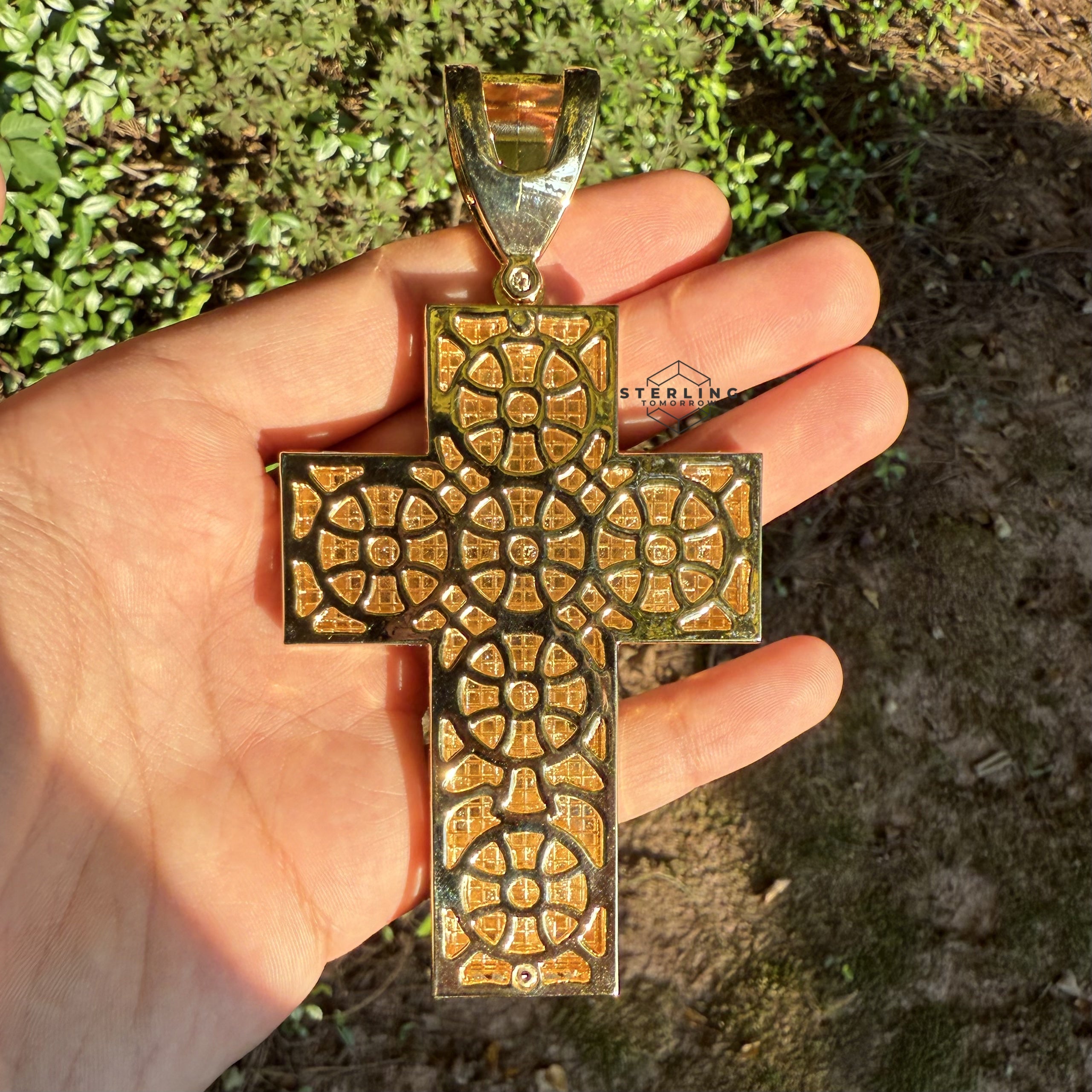 Square Large Iced Out Gold Tone Cross Pendant
