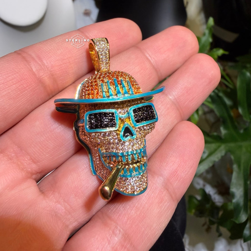 Iced Out Skull Pirate Pendant, 14k Gold Plated CZ Diamonds Glow in The Dark, Steel Rope Chain