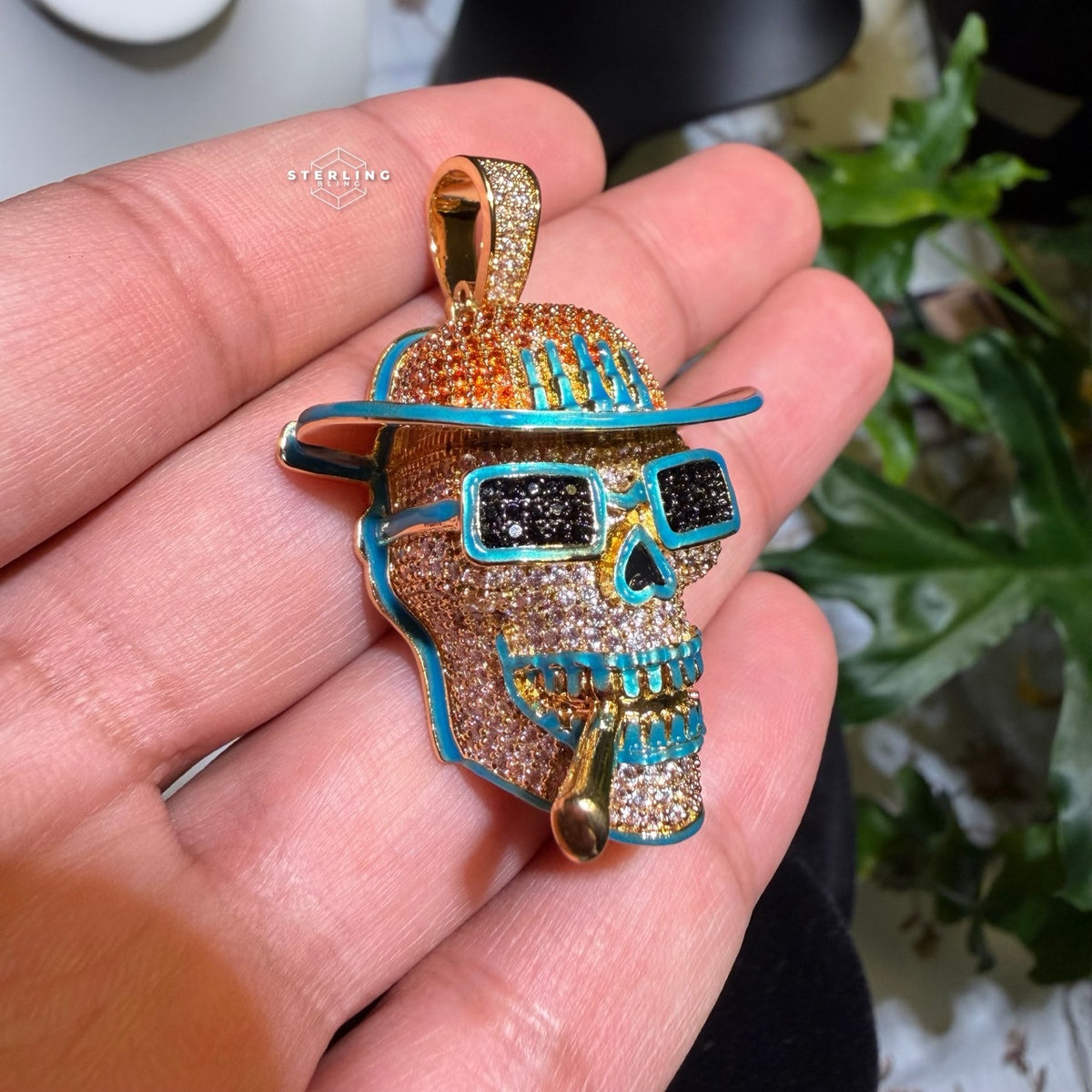 Iced Out Skull Pirate Pendant, 14k Gold Plated CZ Diamonds Glow in The Dark, Steel Rope Chain