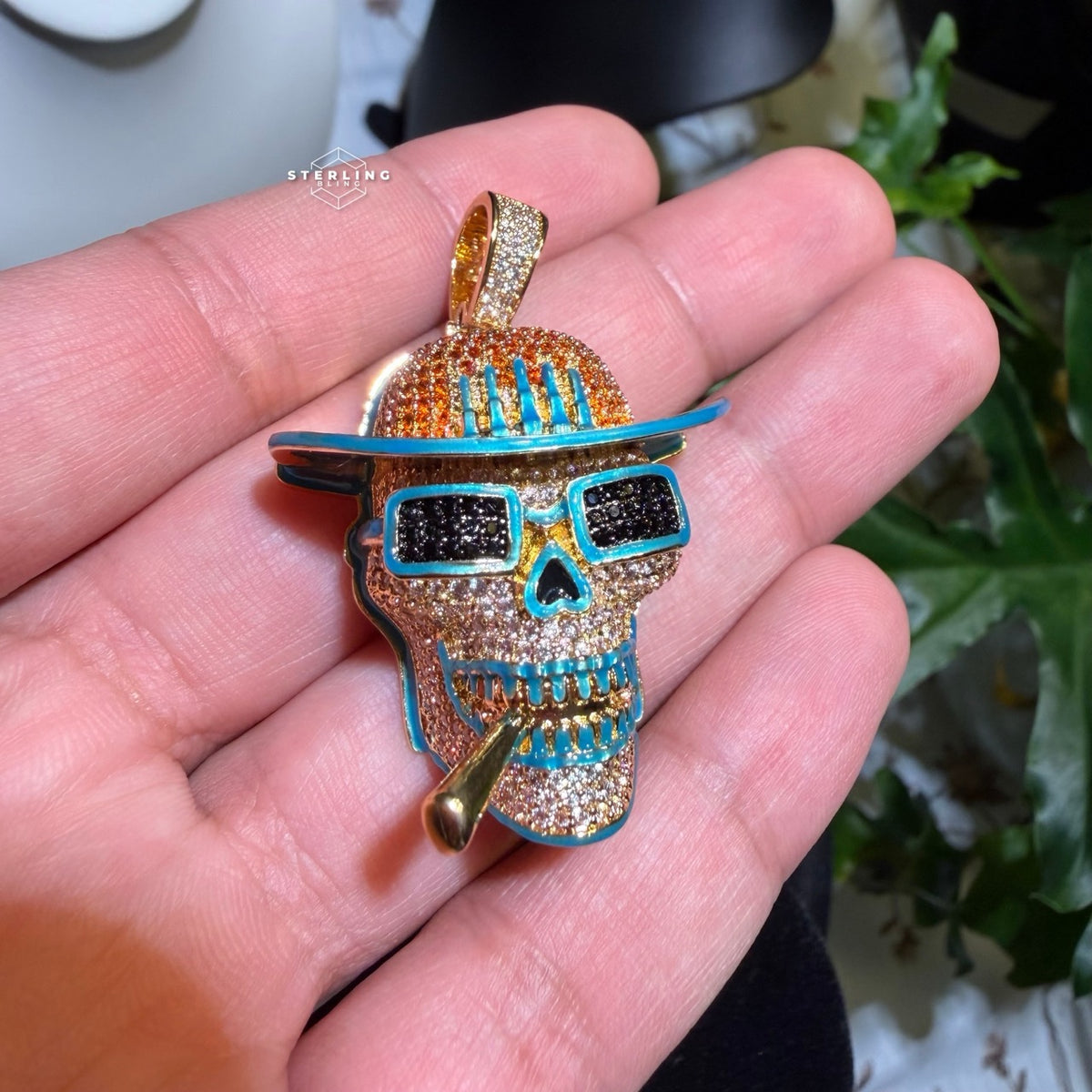 Iced Out Skull Pirate Pendant, 14k Gold Plated CZ Diamonds Glow in The Dark, Steel Rope Chain