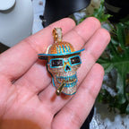 Iced Out Skull Pirate Pendant, 14k Gold Plated CZ Diamonds Glow in The Dark, Steel Rope Chain