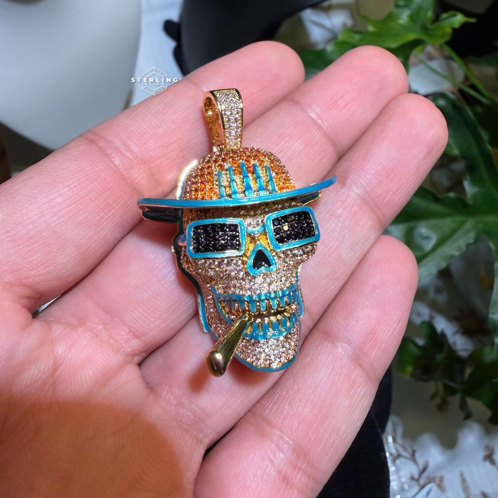 Iced Out Skull Pirate Pendant, 14k Gold Plated CZ Diamonds Glow in The Dark, Steel Rope Chain