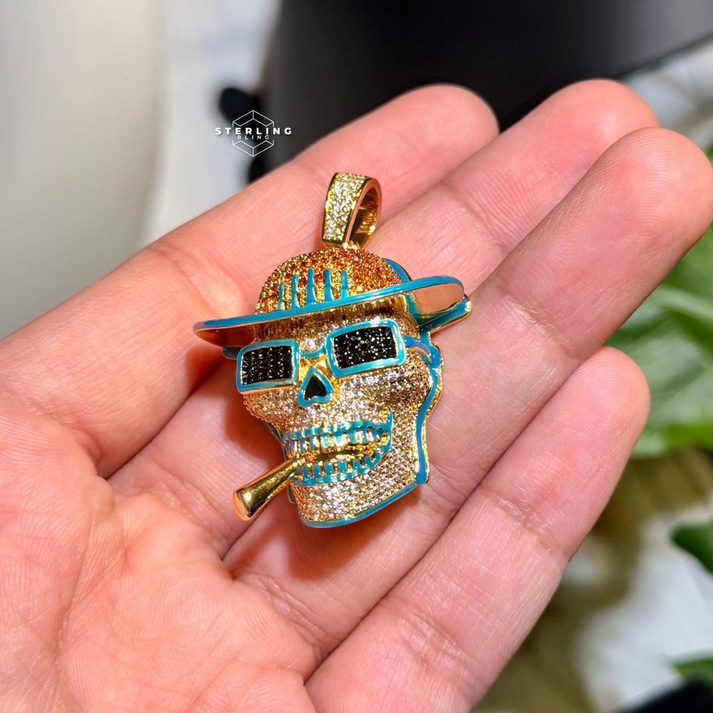 Iced Out Skull Pirate Pendant, 14k Gold Plated CZ Diamonds Glow in The Dark, Steel Rope Chain