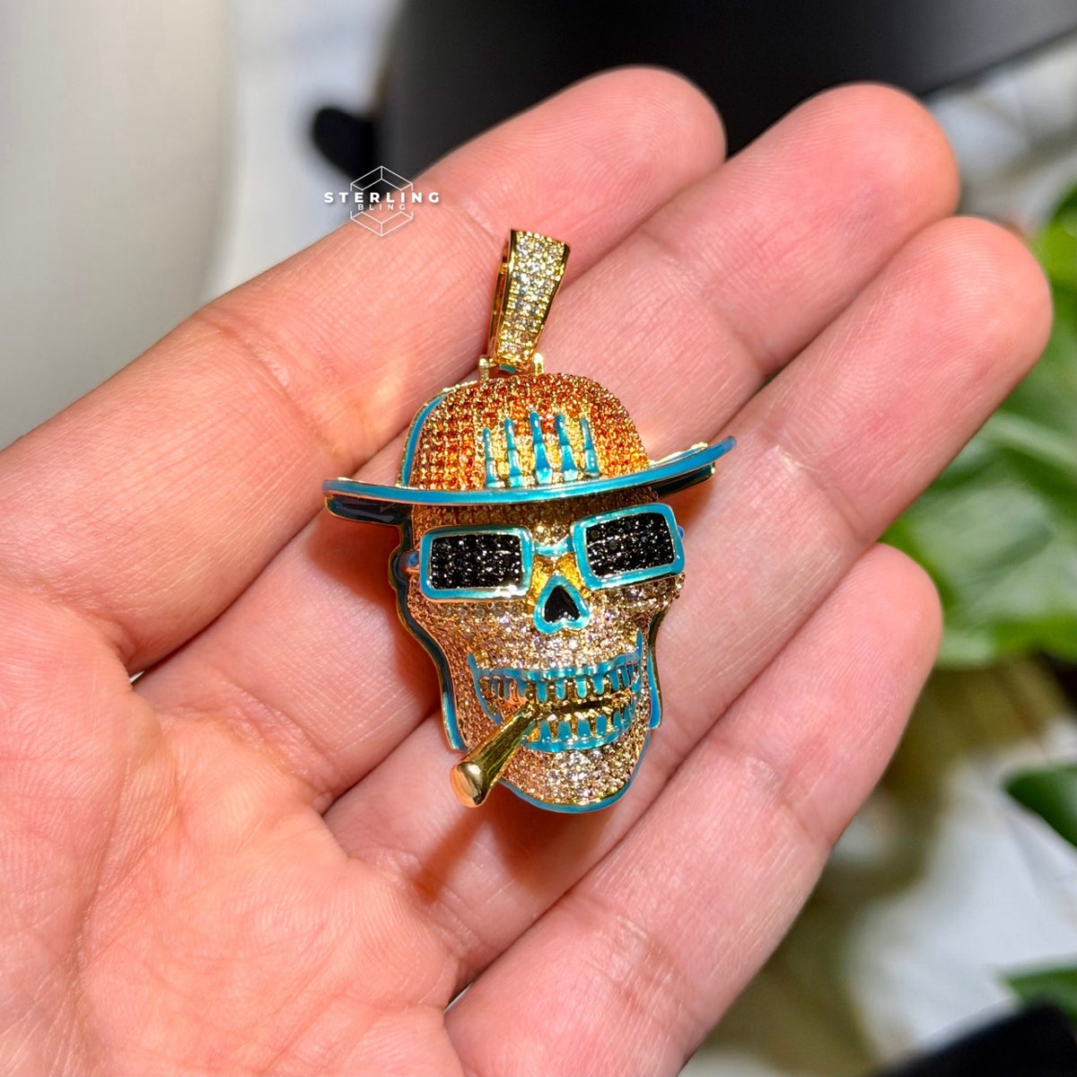 Iced Out Skull Pirate Pendant, 14k Gold Plated CZ Diamonds Glow in The Dark, Steel Rope Chain