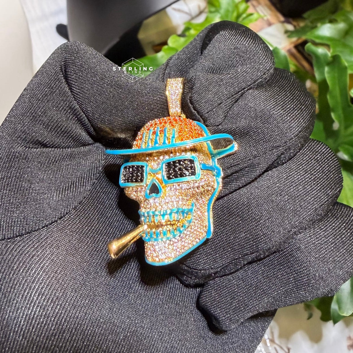 Iced Out Skull Pirate Pendant, 14k Gold Plated CZ Diamonds Glow in The Dark, Steel Rope Chain