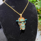 Iced Out Skull Pirate Pendant, 14k Gold Plated CZ Diamonds Glow in The Dark, Steel Rope Chain