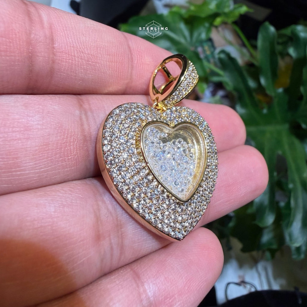 14k Gold Plated Iced Out Heart with Beads Pendant + Steel Rope Chain