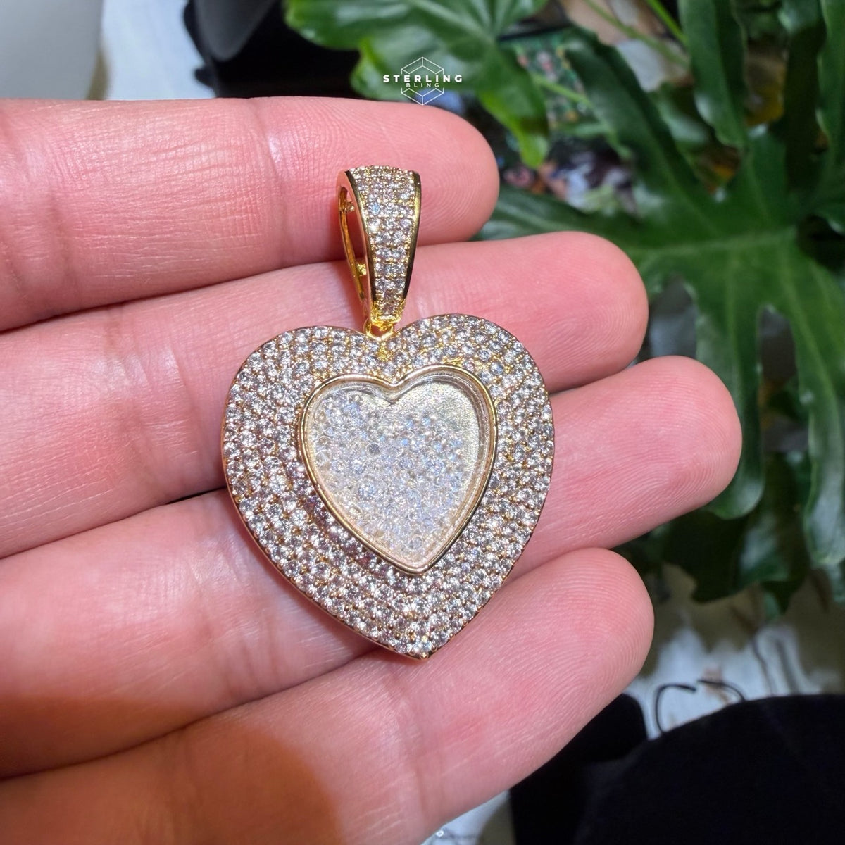 14k Gold Plated Iced Out Heart with Beads Pendant + Steel Rope Chain