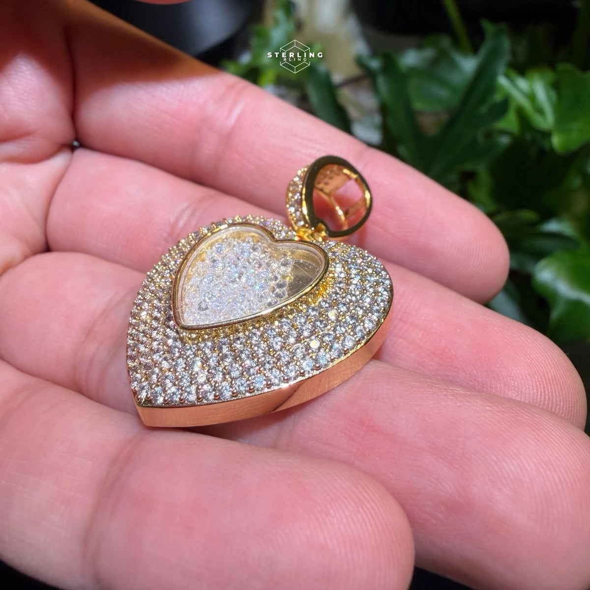 14k Gold Plated Iced Out Heart with Beads Pendant + Steel Rope Chain