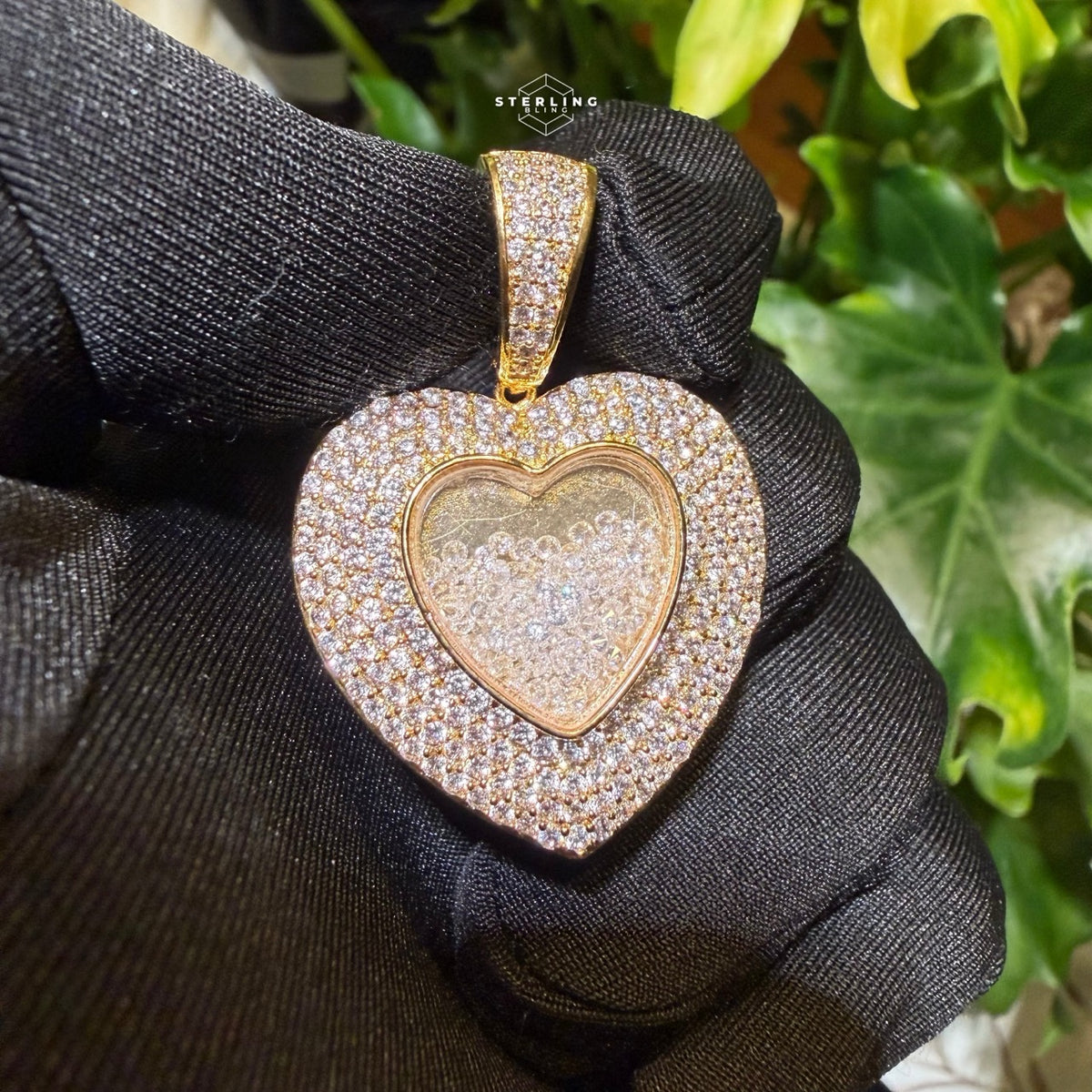 14k Gold Plated Iced Out Heart with Beads Pendant + Steel Rope Chain