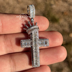 Cross with Crown Silver Iced Out Pendant