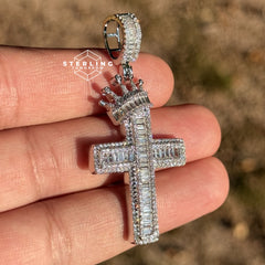 Cross with Crown Silver Iced Out Pendant