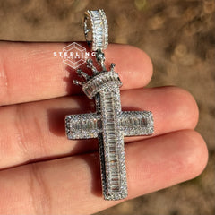Cross with Crown Silver Iced Out Pendant