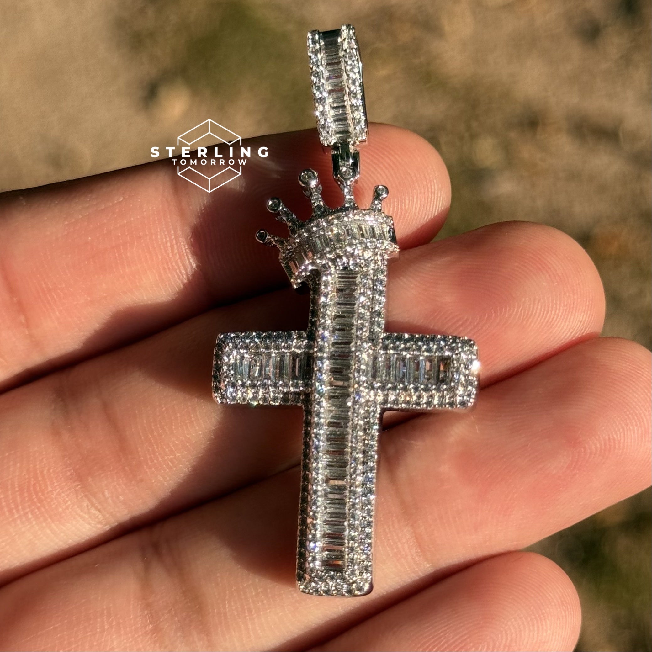 Cross with Crown Silver Iced Out Pendant