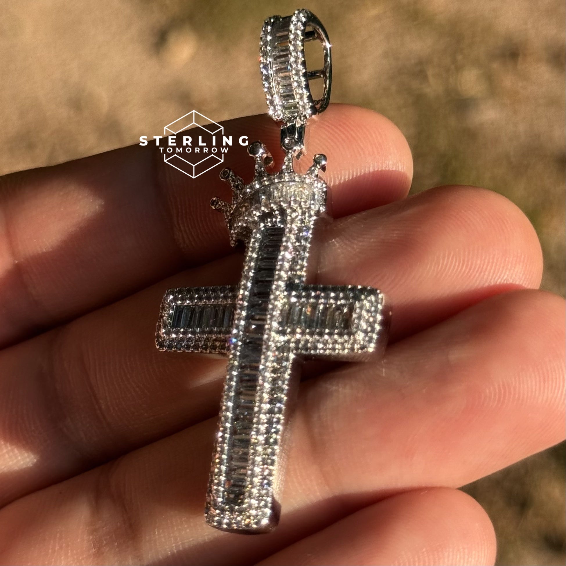 Cross with Crown Silver Iced Out Pendant