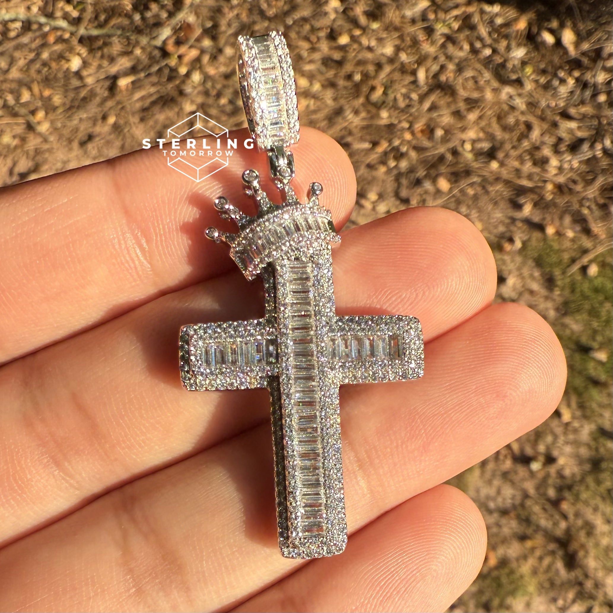 Cross with Crown Silver Iced Out Pendant