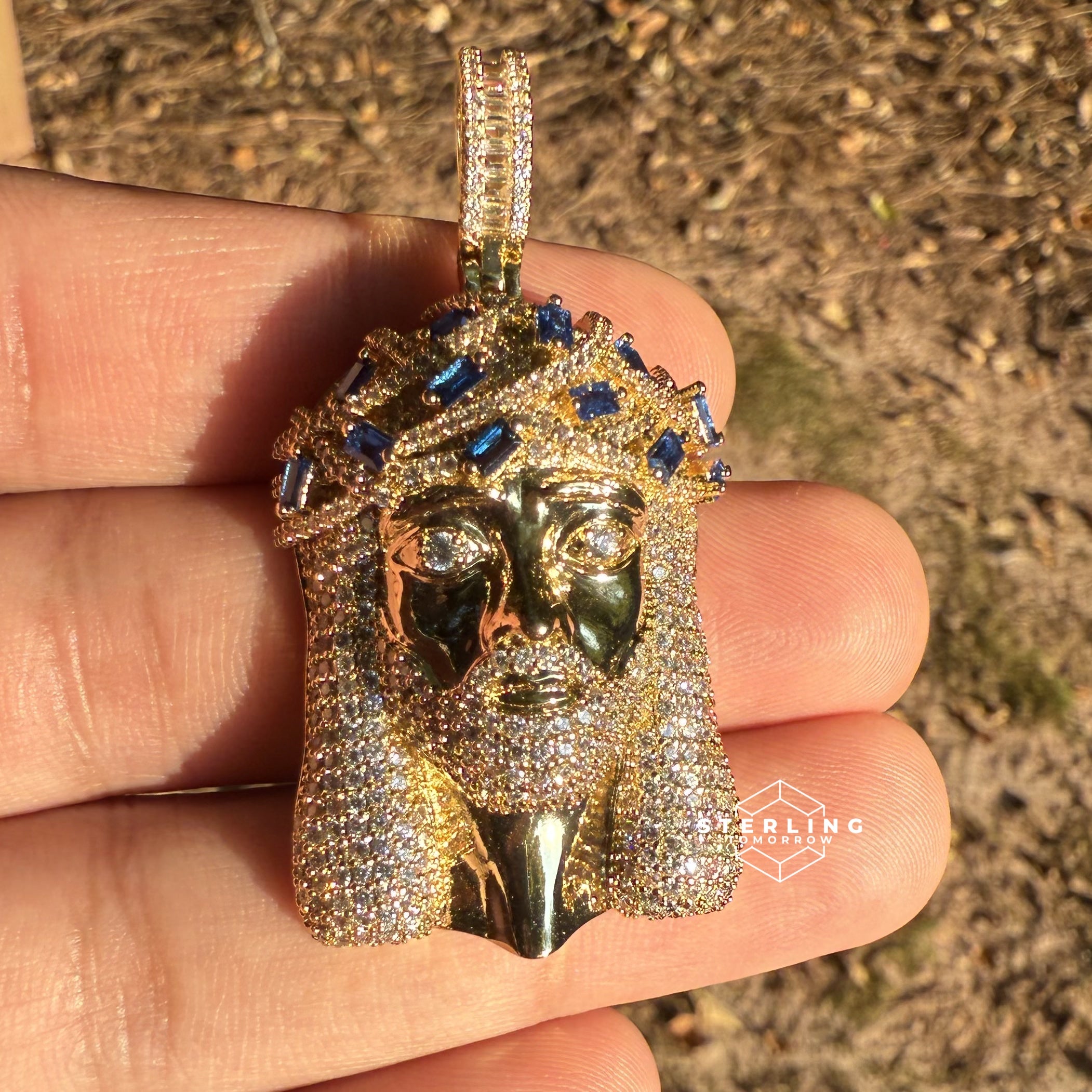 Jesus Iced Out Pendant with Blue Sapphire Crown