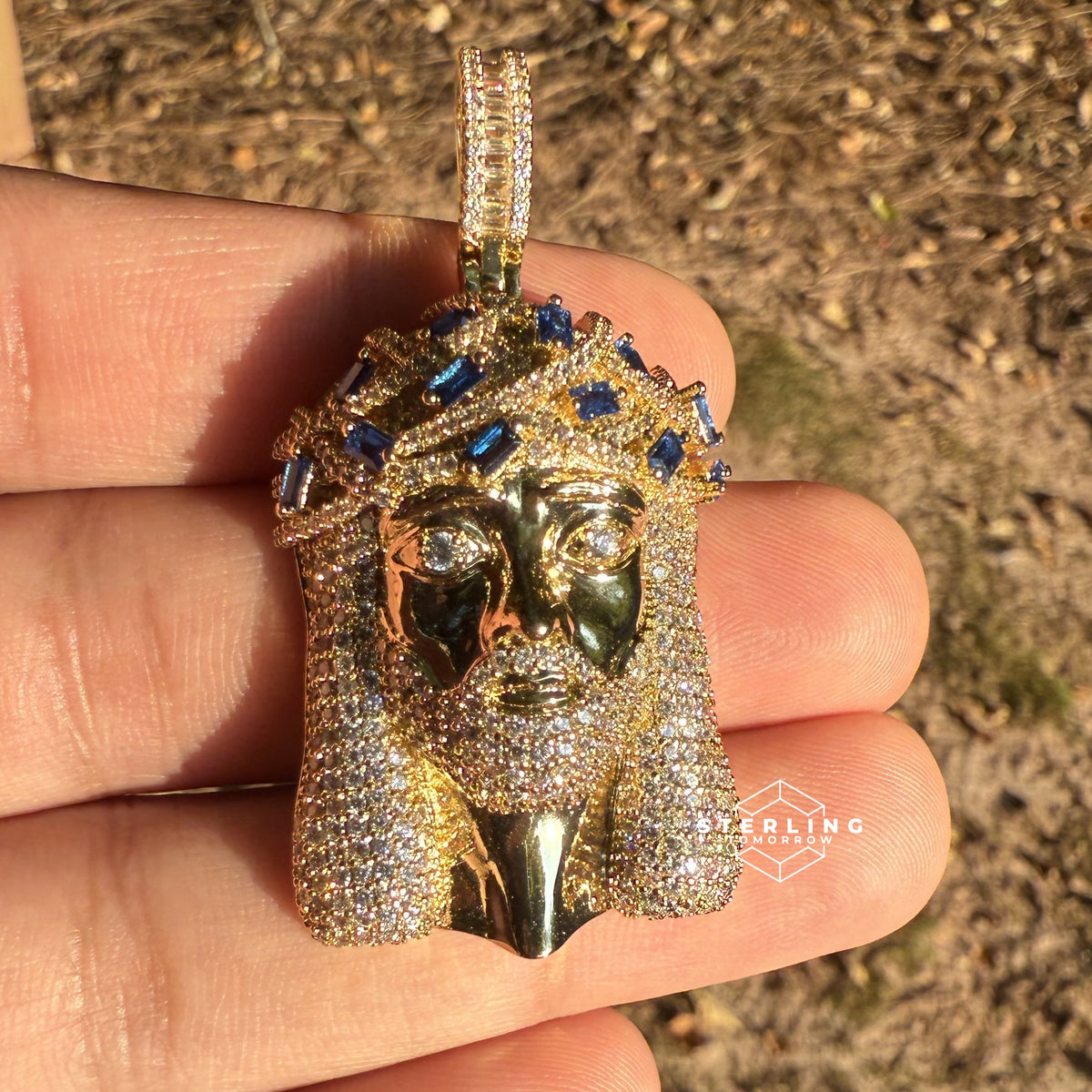 Jesus Iced Out Pendant with Blue Sapphire Crown