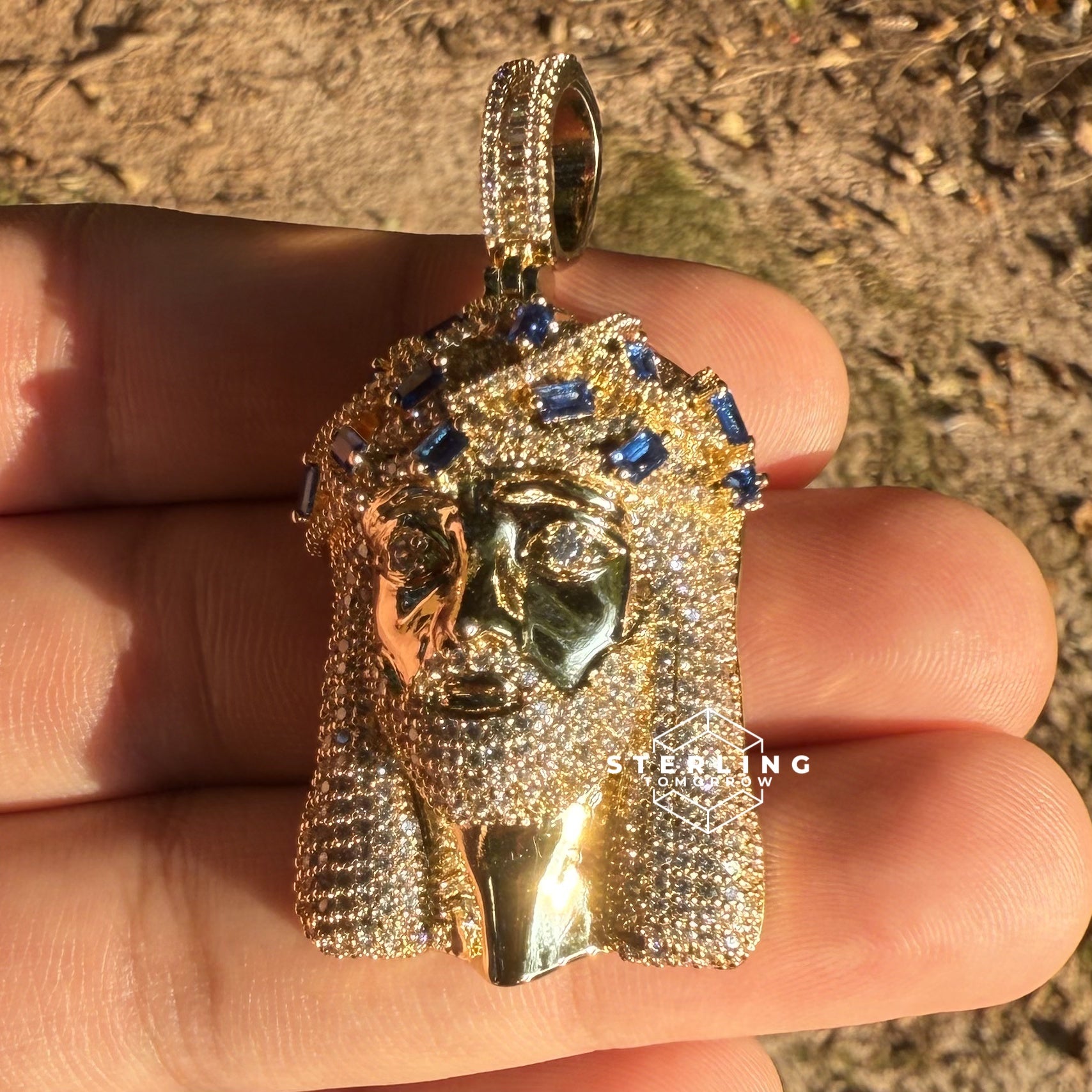 Jesus Iced Out Pendant with Blue Sapphire Crown