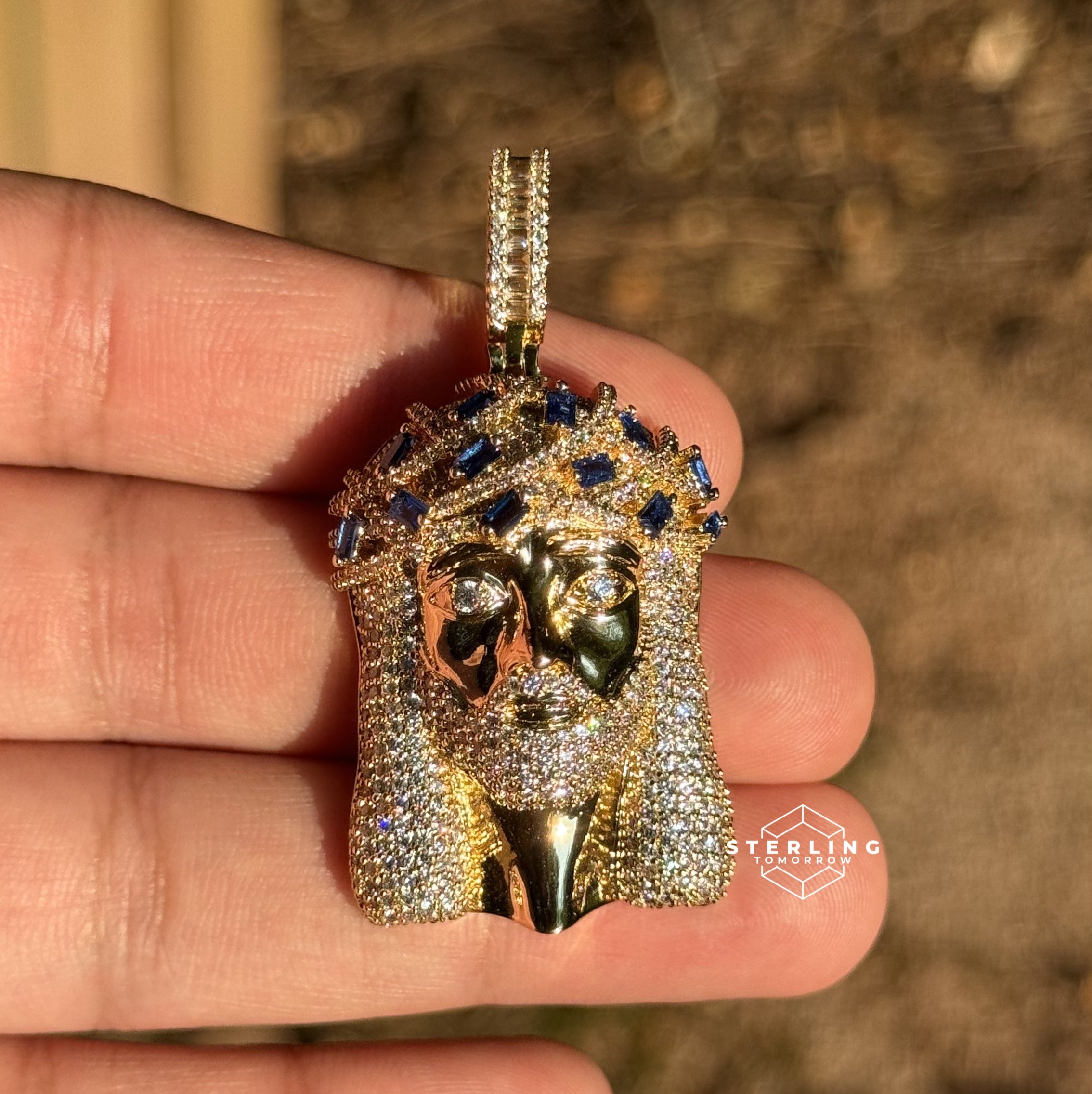 Jesus Iced Out Pendant with Blue Sapphire Crown